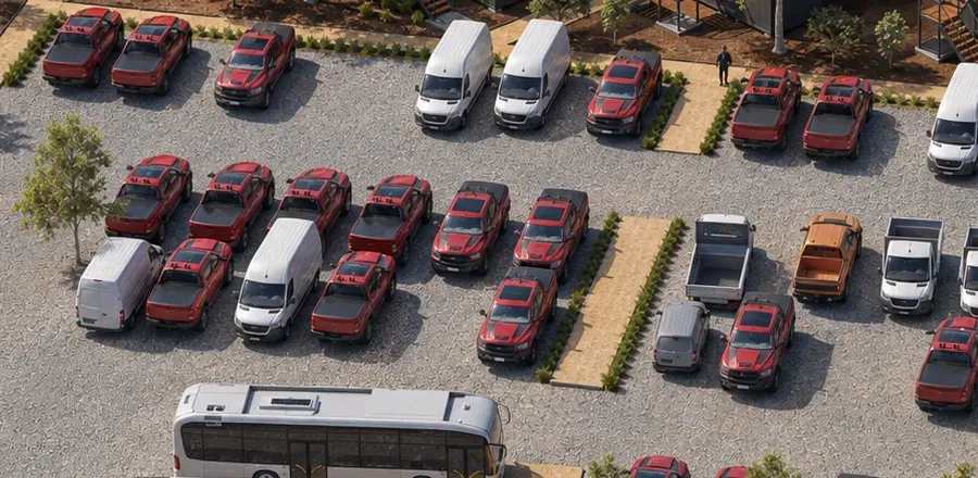 Camionetas y furgones estacionados en una explanada de gravilla junto a un campamento modular